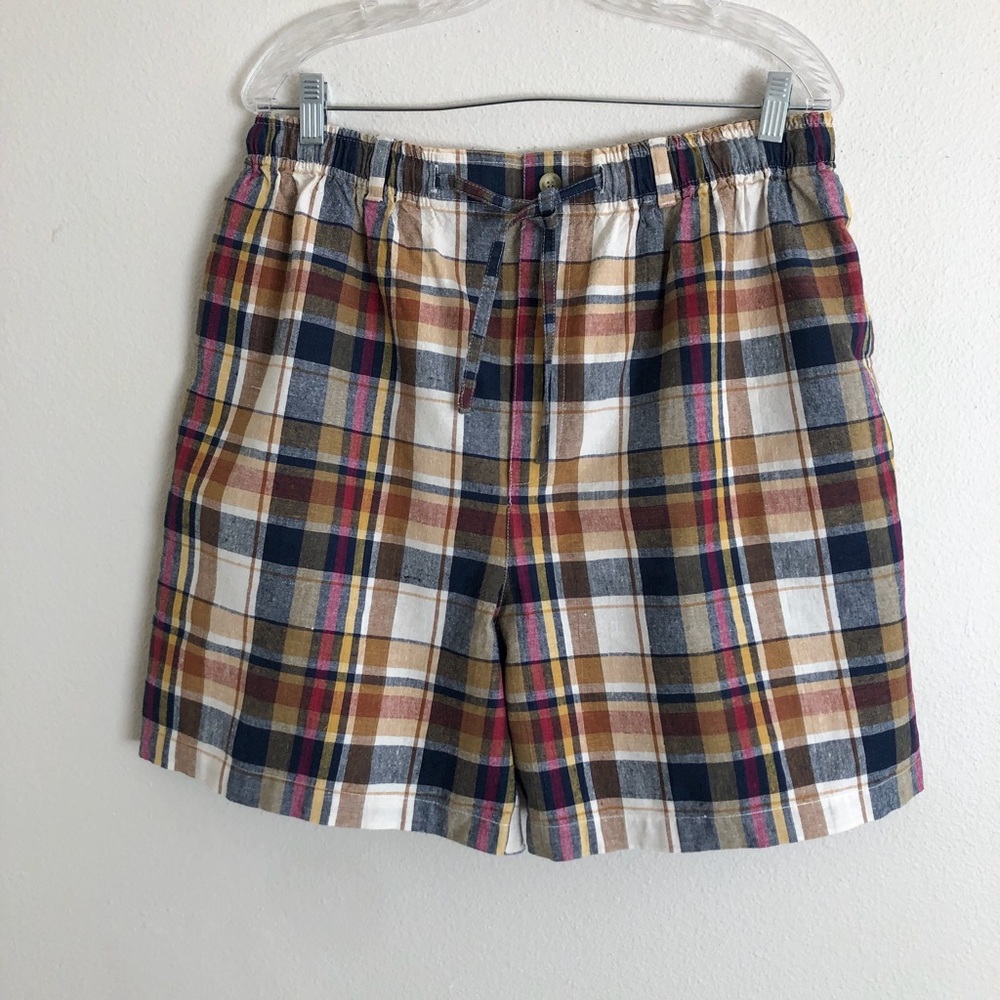 VINTAGE Linen blend high waist plaid shorts with drawstring